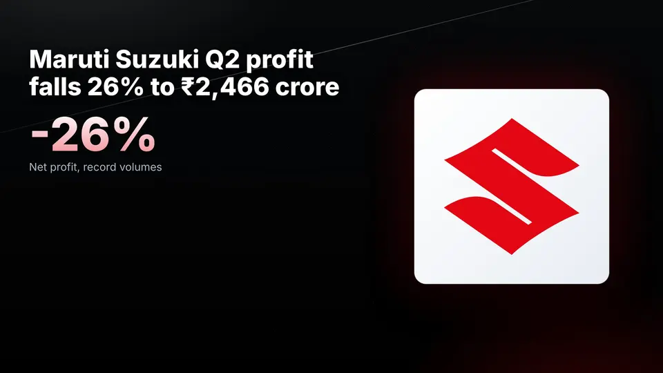Spectate Media graphic: Maruti Suzuki Q2 FY27 net profit of 2,466 crore rupees, down 26 per cent, on record volume of 696,654 units
