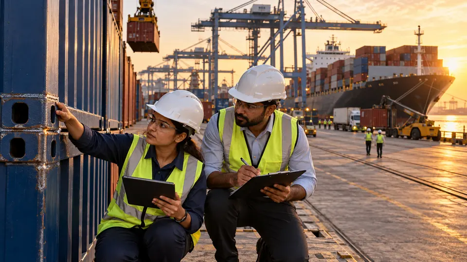 Port workers inspect newly manufactured shipping containers beside container-handling cranes at an Indian logistics terminal.