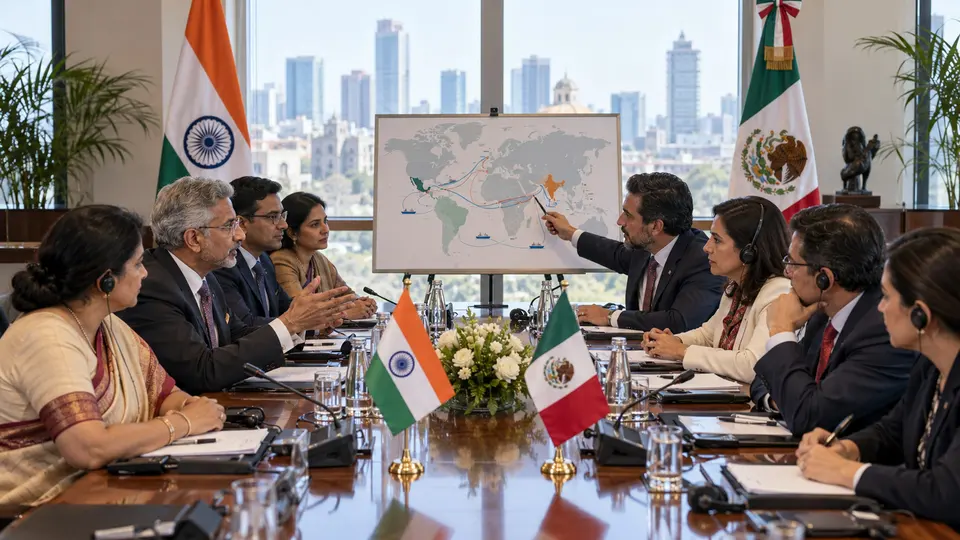 Indian and Mexican trade delegations meet across a conference table with both national flags visible behind them.
