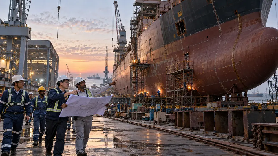 Indian shipyard engineers inspect a large commercial vessel under construction in a coastal dry dock at sunrise.