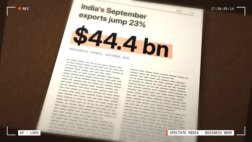 Spectate Media graphic: a printed report page on a desk showing September merchandise exports of $44.4 billion