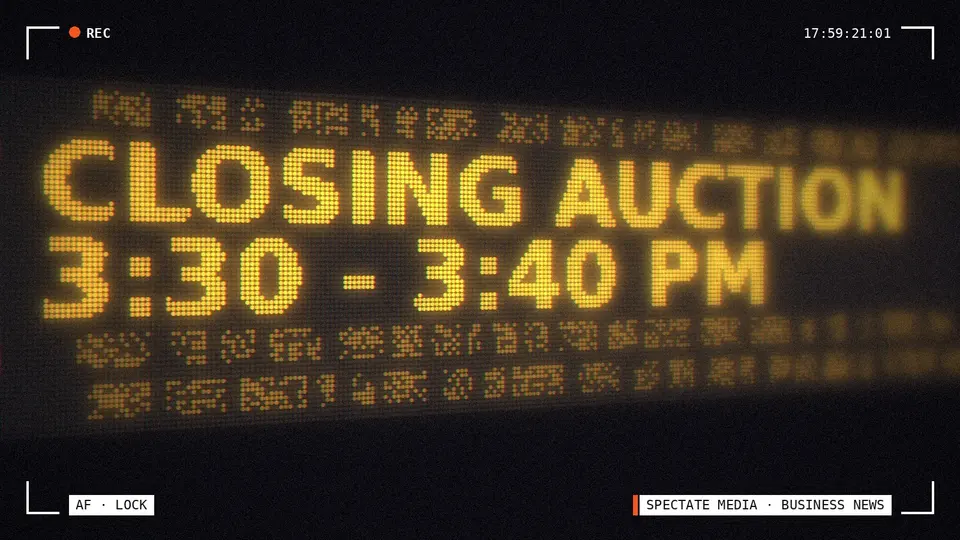 Spectate Media graphic: an LED market board reading Closing auction 3:30 to 3:40 pm