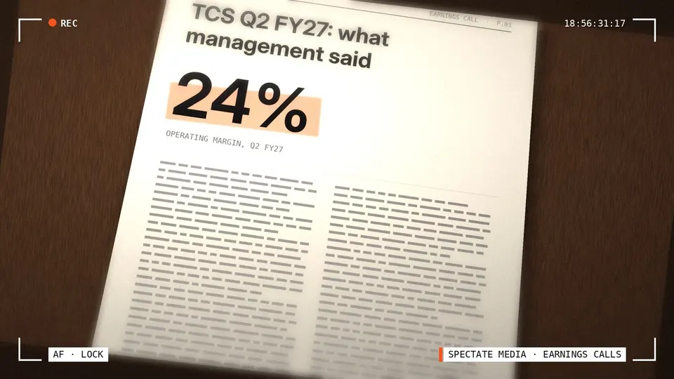 Spectate Media graphic: a printed report page showing TCS operating margin of 24% in Q2 FY27