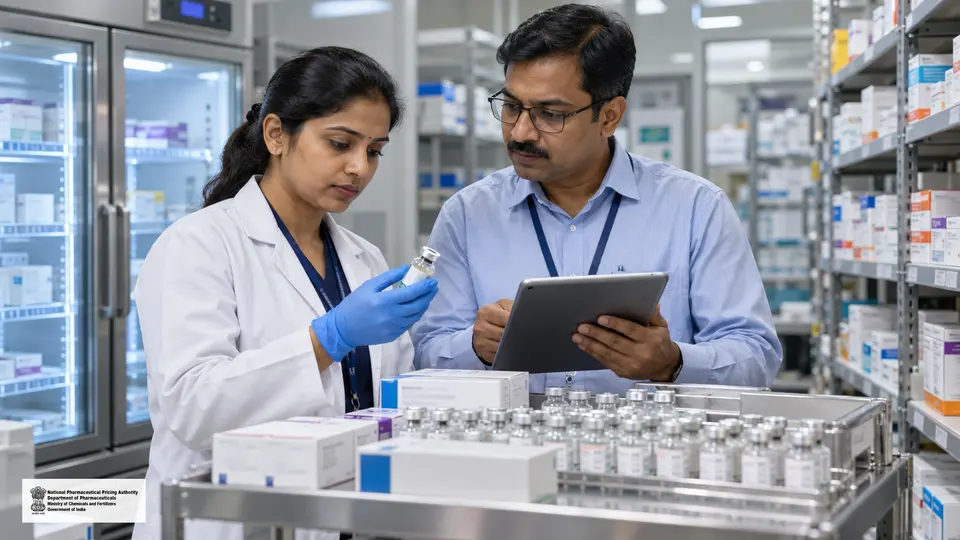 Pharmacists and oncology supply staff inspect packaged cancer medicines in a hospital pharmacy with cold-storage cabinets.