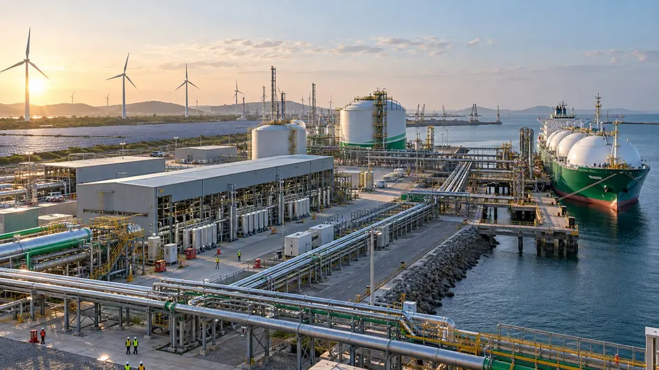 A coastal green-hydrogen complex with electrolysers, storage tanks, renewable power and an export terminal.