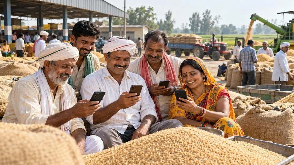 Indian farmers at a grain market check bank-transfer notifications on mobile phones beside produce and farm equipment.