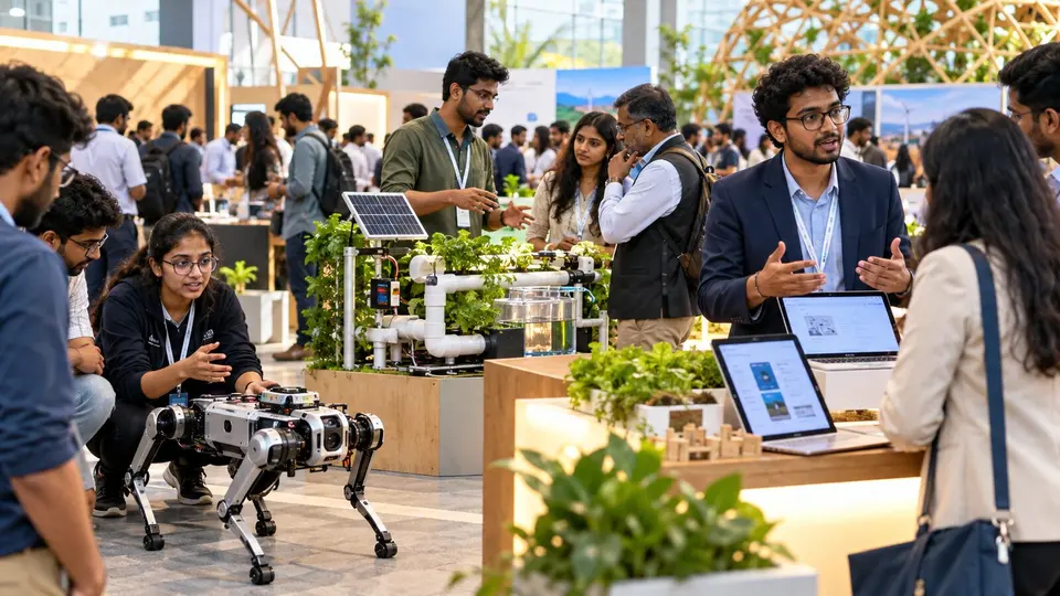 Indian founders and student innovators demonstrate robotics, climate technology and digital products at an innovation showcase.