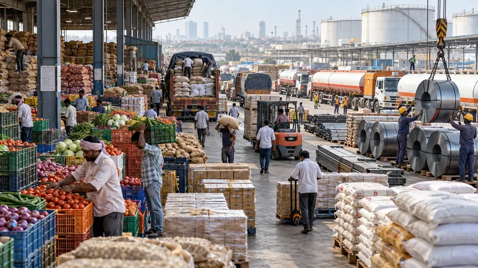 A large Indian wholesale and distribution hub handles vegetables, packaged goods, steel coils and fuel logistics.